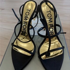 Tom Ford Black and Gold Strappy Pointed-Toe Heels